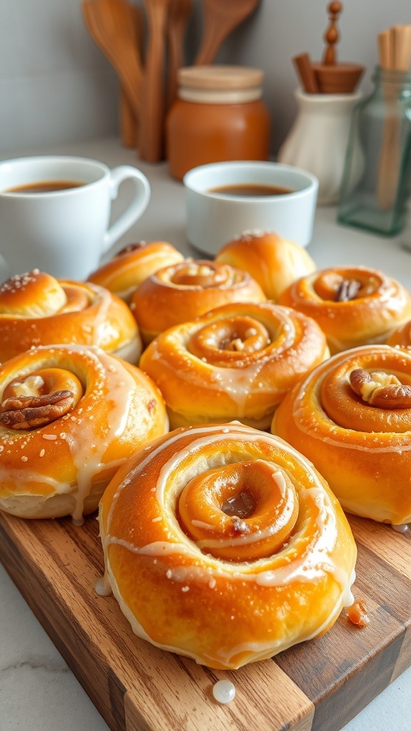 Freshly baked yeast rolls with glaze and cinnamon filling on a wooden board.